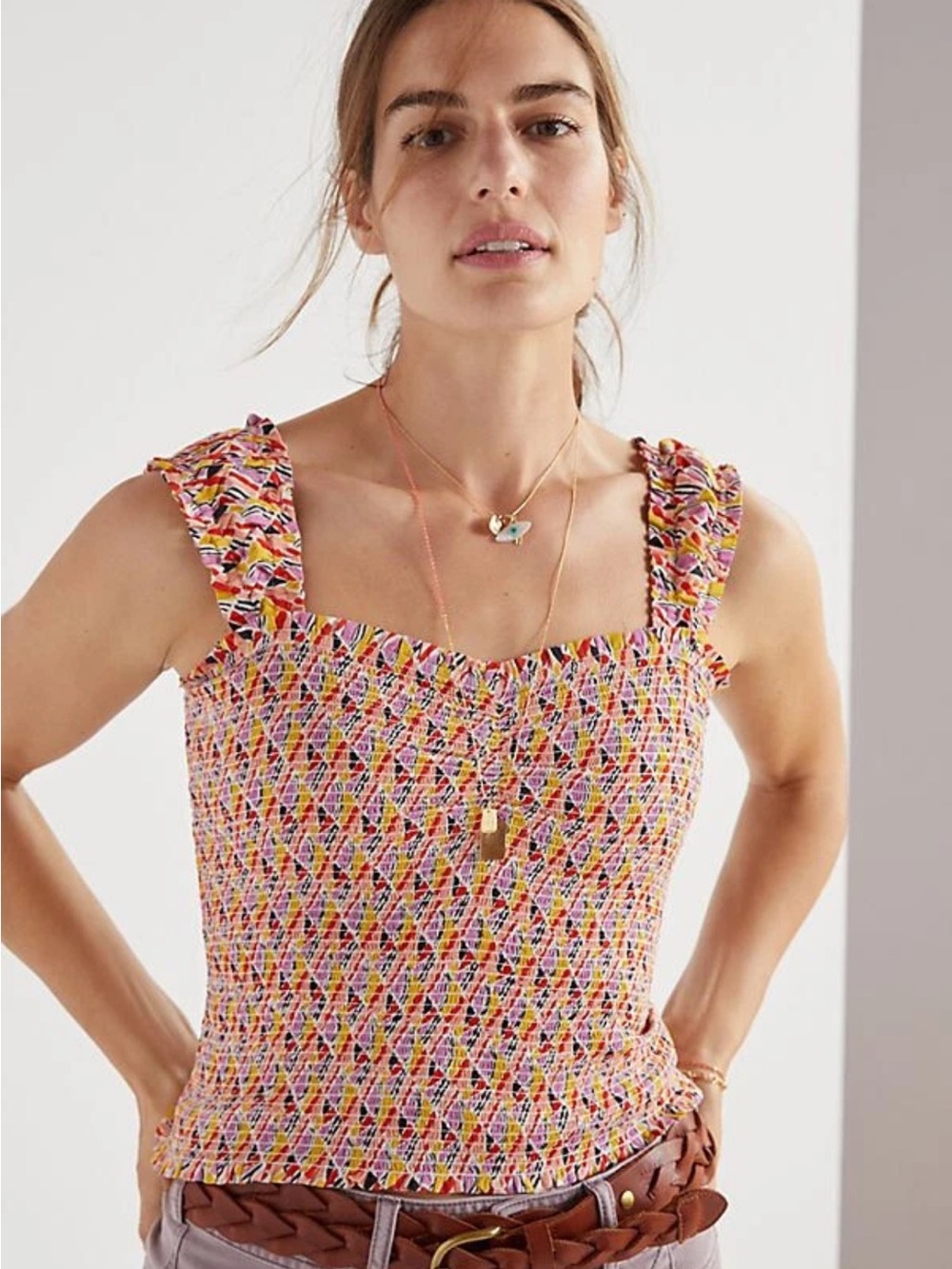 Mauve Pink Multicolor Smocked Tank with Ruffle Straps